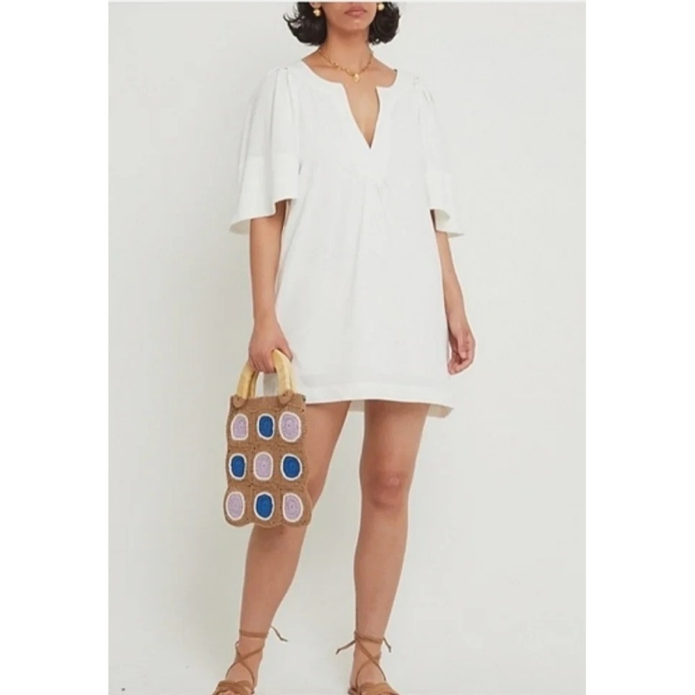 Pomander Place Tuckernuck Finley White Flutter Sleeve Dress Cotton Pockets Large - Picture 13 of 13